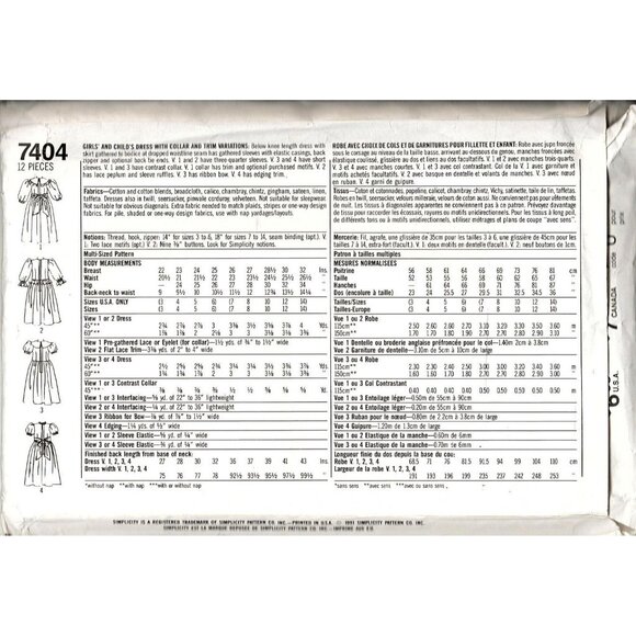 Simplicity 7404 Girls Dresses 7 to 14 Vintage 1991 Uncut Sewing Pattern - Picture 2 of 2